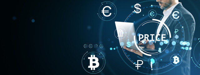 Poster - Businessman analyzing currency price data on laptop with digital forex and cryptocurrency icons in holographic interface on dark background.