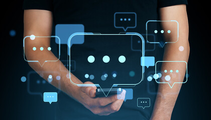 Poster - Man holding smartphone with floating digital chat bubbles and icons representing online communication and futuristic mobile messaging concept.