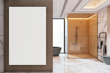 Poster - Vertical white canvas mockup on wooden wall in luxurious modern bathroom with glass shower, marble floor, and elegant interior design. 3D Rendering