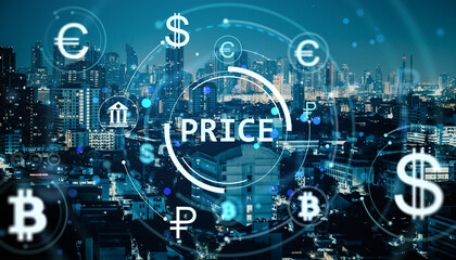 Poster - Digital currency symbols and financial technology interface overlay on modern cityscape at night representing price and market data exchange concept.