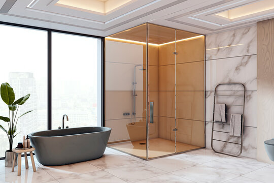 Modern luxury bathroom interior with glass shower, freestanding bathtub, and marble walls in high-rise city apartment setting. 3D Rendering