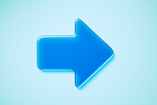 Glossy blue glass right arrow icon on light gradient background in modern graphic style for infographic or navigation symbol concept. 3D Rendering