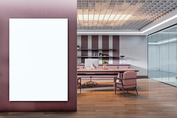 Poster - Vertical blank canvas mockup on wooden wall in luxurious modern executive office interior with glass entrance and stylish workspace furniture. 3D Rendering