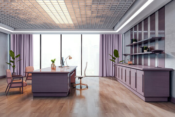 Poster - Modern luxury executive office with sleek wooden furniture, large windows, and a city view in a clean, upscale workspace interior design setting. 3D Rendering