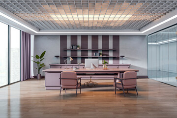 Poster - Luxury modern executive office with large desk, glass partitions, and panoramic city view in spacious comfortable workspace interior design. 3D Rendering