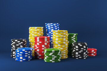 Poster - Colorful stacks of casino chips arranged on a clean dark blue background for gambling, jackpot, or online poker game promotion concept. 3D Rendering