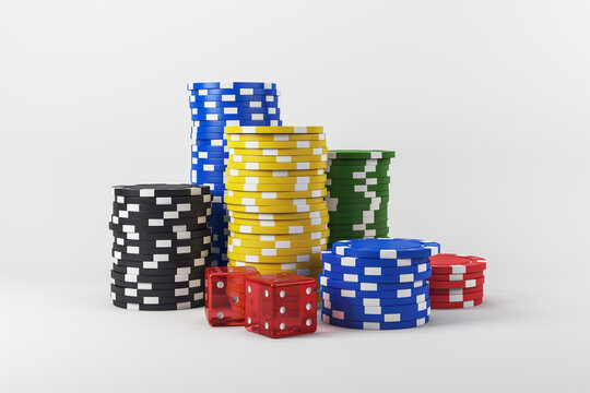 Colorful stacks of poker chips and red dice on a clean white background for casino, gambling, and jackpot game branding or promotion template. 3D Rendering