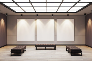 Poster - Contemporary gallery room with three vertical blank canvases under spotlights and benches on wooden floor in modern exhibition interior. 3D Rendering