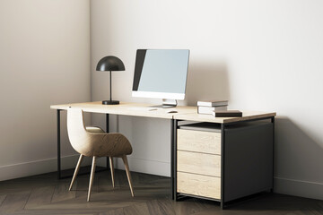 Poster - Modern wooden desk setup in cozy home office corner with blank computer screen, books, lamp, and armchair on parquet floor background. 3D Rendering