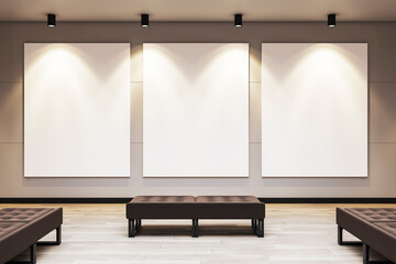 Poster - Triptych blank canvas mockup in modern gallery room with spotlight lighting and leather benches for contemporary art exhibition display. 3D Rendering