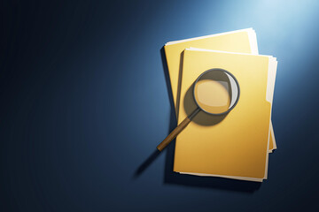 Poster - Yellow file folder stack with magnifying glass under spotlight from top view on dark blue desk background symbolizing investigation or research concept. 3D Rendering