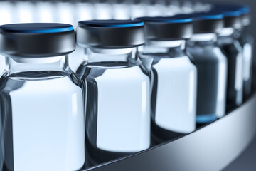 Poster - Close-up view of glass vaccine vials on a conveyor belt in a pharmaceutical production facility under bright lighting conditions. 3D Rendering