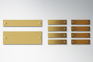 Poster - Blank golden metal signage panel mockup template on wall for business branding or office nameplate design in modern interior corridor view. 3D Rendering