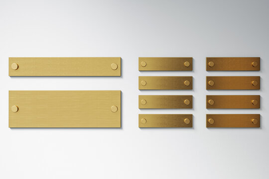 Blank golden metal signage panel mockup template on wall for business branding or office nameplate design in modern interior corridor view. 3D Rendering