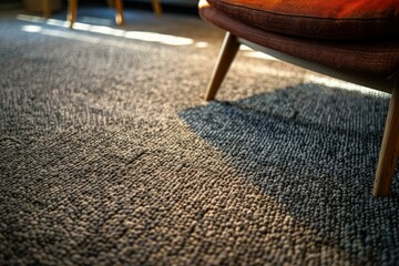 Poster - Close up of a textured carpet illuminated by sunlight, under a modern armchair in a contemporary living room
