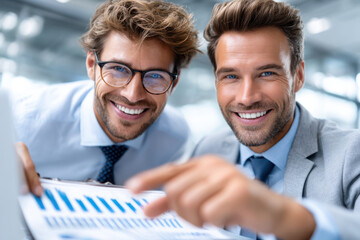Poster - Two professionals discussing business trends in a modern office setting during the day