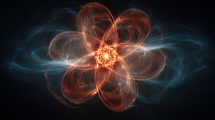 Poster - A captivating portrayal of an atom enveloped in radiant energy currents emphasizing the harmony between science and creativity. The fluid patterns suggest a sense of ongoing exploration