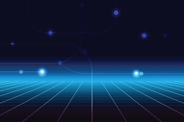Poster - Retro cyberpunk style 80s game scene pixel art 8-bit sci-fi background. glowing neon grid and stars from vintage arcade computer games.	