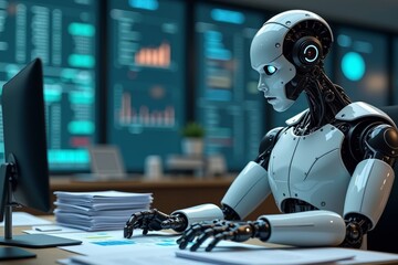 Poster - Sleek Artificial Intelligence Robot Working on Financial Documents at Desk
