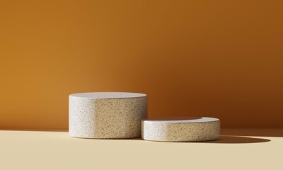 Fototapete - 3D Rendering. Warm earthy tone product display pedestals with natural light and shadow on a minimalist stage background.