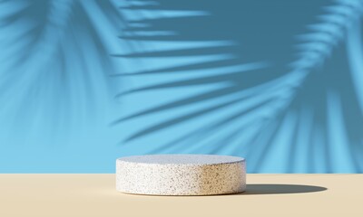 Fototapete - 3D Rendering. Cylindrical stone product display with tropical palm leaf shadows on a blue and beige background.