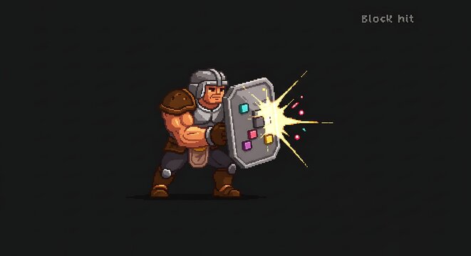 Pixelated warrior stands with shield deflecting an incoming attack in this vibrant digital artwork, ready for games.