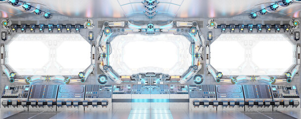 Aufkleber - White spaceship with isolated cut out transparent window. Futuristic bright glossy interior with glowing lights