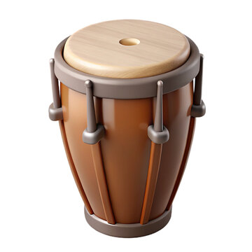 A 3d rendered conga drum with a light wood top and brown body isolated on transparent background