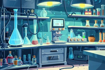 Poster - Cartoon illustration of a vibrant laboratory interior filled with various chemical equipment, highlighting the exciting possibilities of scientific research