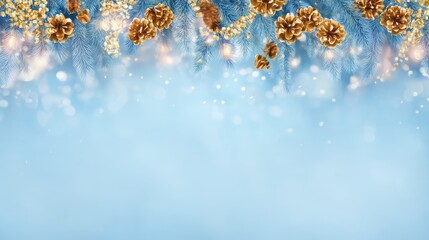 Poster - Blue Background with Golden Christmas Decorations and Pine Cones Overlay for Holiday Themes