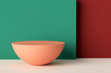 Aufkleber - Empty orange hemisphere podium on white floor with green and red wall background