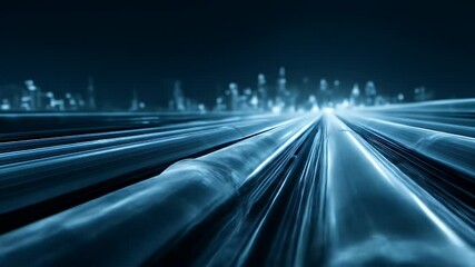 Canvas Print - Abstract, futuristic, blue image of parallel metal tubes, converging to a blurry cityscape