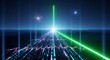 © Ipramana - Futuristic cityscape at night, illuminated by vibrant green and cyan laser beams converging at a vanishing point.