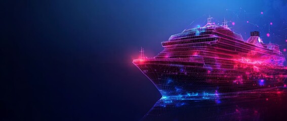 Fototapete - Digital representation of a futuristic cruise ship navigating through cosmic space at high speed with illuminated trails