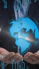 Poster - Animation of processor circuit board with globe spinning over businessman's hands