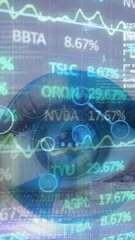Poster - Animation of financial data processing over woman's eye in background