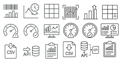 Poster - Collection of icons and graphics that represent various aspects of technology and data analysis. The icons include a clock, a bar graph, a speedometer, and a computer monitor