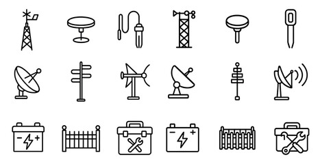 Poster - Collection of black and white icons for various tools and equipment. The icons include a wrench, a toolbox, a battery, a screwdriver, and a hammer. Scene is that of a workshop or a construction site