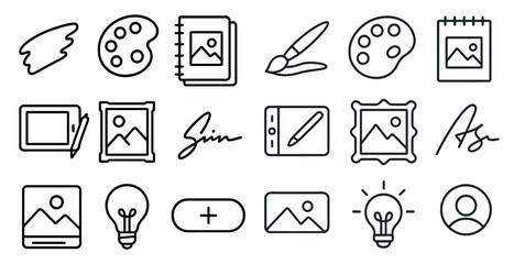 Poster - Series of icons for art supplies and tools. Some of the icons include a paintbrush, a pencil, a tablet, and a notebook