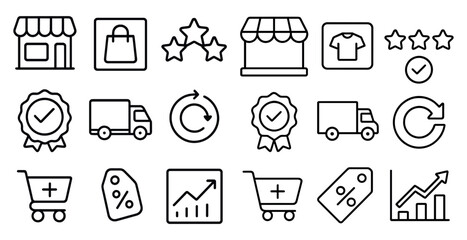 Fototapete - Collection of icons for shopping and transportation. The icons include a shopping cart, a truck, a star, a clock, and a shopping bag