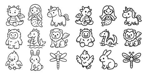 Poster - Set of cute animal characters, including a dragon, a rabbit, a frog, a bird, a fish, a turtle, a cat, a dog, a horse, a unicorn, a mermaid, a lion, a bear, a monster