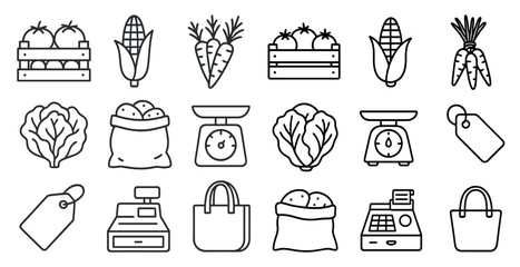 Fototapete - Collection of food items and grocery store items. The items include vegetables, fruits, and a cash register