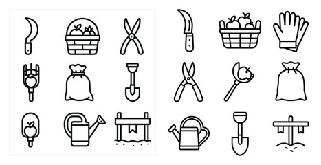 Fototapete - Set of gardening tools and items. The image is of a garden and the tools are used for gardening