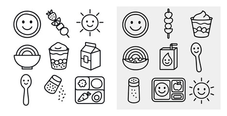 Fototapete - The image is of a smiling face with a plate of food. The food items include a bowl of carrots, a cup of juice, a bowl of salad, a bowl of soup, a bowl of fruit, a bowl of rice