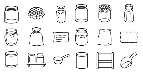 Fototapete - Set of jars and other kitchen items are shown in a white background. The jars are of various sizes and shapes, and some of them have lids. The other items include a spoon, a bag, and a bowl