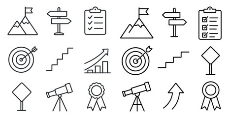 Fototapete - Set of icons for a business or project, including a goal, a target, a mountain, a flag, a check mark, a goal, a target, a mountain, a flag, a check mark, a goal, a target, a