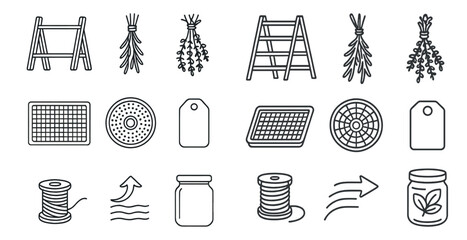 Fototapete - Collection of icons representing various kitchen items. These icons include a jar, a ladder, and a tag. The icons are arranged in a grid-like pattern, with some overlapping and others standing alone