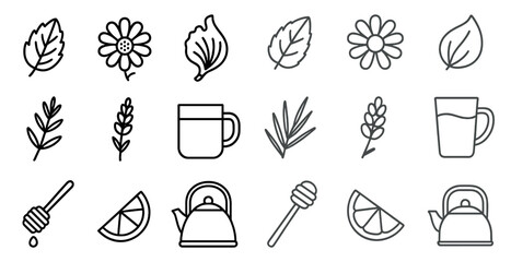 Fototapete - Collection of black and white icons of various plants and objects, including a teapot, a cup, a spoon, and a lemon