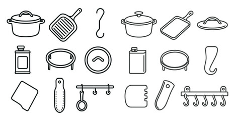Poster - Collection of kitchen utensils and appliances. The image is a collection of various kitchen items, including a frying pan, a spatula, a knife, a bottle, a bowl, a spoon, a cup, a bowl, a pan