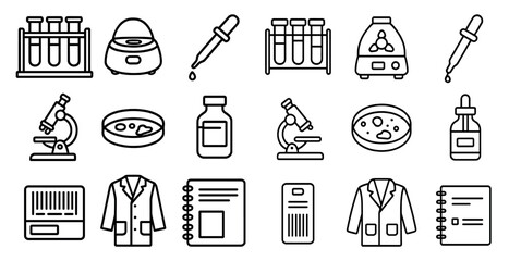 Poster - Collection of medical symbols and objects. The objects include a microscope, a lab coat, a beaker, a test tube, a syringe, a pipette, a petri dish
